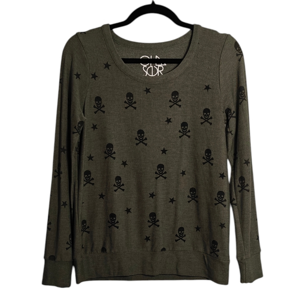 CHASER Skull Sweater in Gray Graphic Long Sleeve Size Small